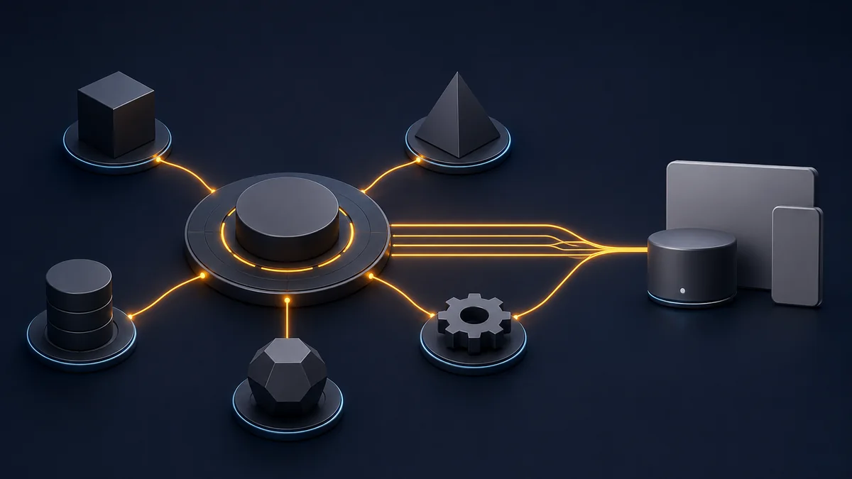 A central human-led orchestrator coordinates five specialist engineering agents, whose amber connections converge on a connected product outcome.